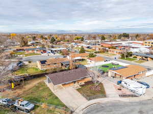Aerial view of residential area featuring mountains