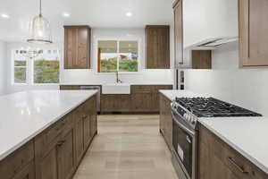Kitchen featuring stainless steel appliances, exhaust hood, plenty of natural light, pendant lighting, and recessed lighting