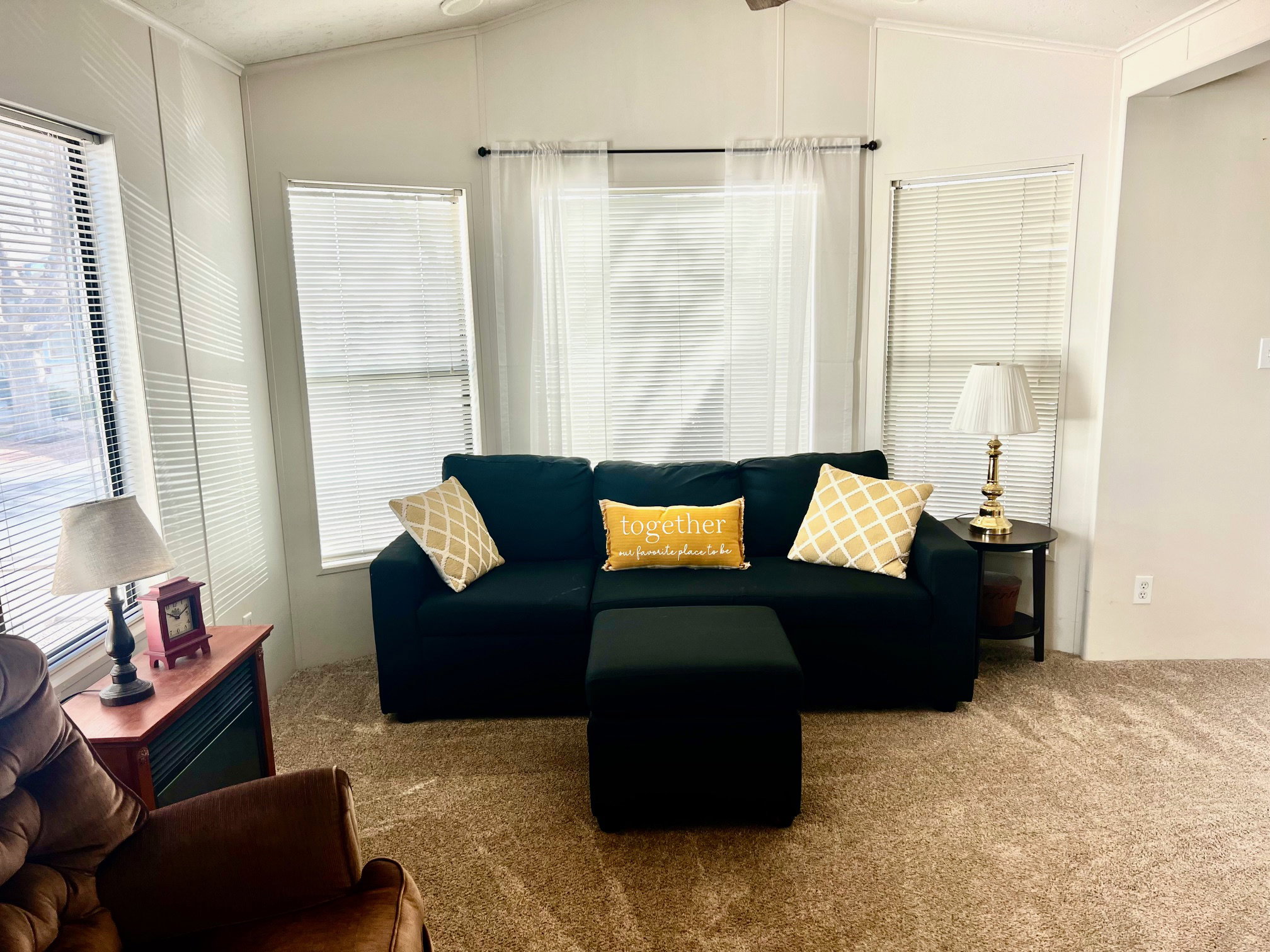 Carpeted living area with lofted ceiling