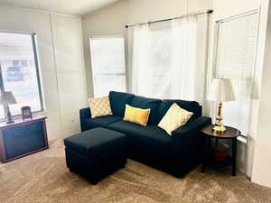 Carpeted living area featuring lofted ceiling