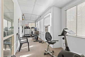 Workout area featuring plenty of natural light, ceiling fan, carpet flooring, lofted ceiling, and cooling unit
