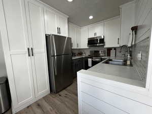 Kitchen with white cabinetry, stainless steel appliances, tasteful backsplash, recessed lighting, and light countertops