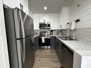 Kitchen with stainless steel appliances, white cabinets, light wood finished floors, gray cabinetry, and decorative backsplash