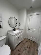 bathroom with dark wood-style flooring and vanity