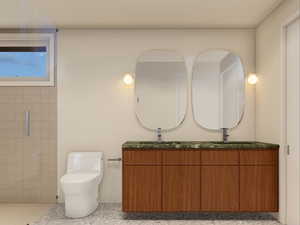 Bathroom with double vanity and a stall shower