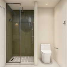 Full bath with tile patterned flooring, a stall shower, and recessed lighting