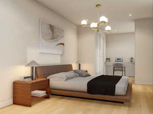Bedroom with light wood-type flooring, a chandelier, and recessed lighting