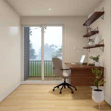 Home office featuring light wood-type flooring and recessed lighting