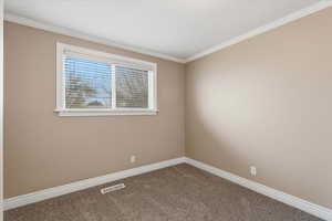 Carpeted empty room featuring baseboards and crown molding