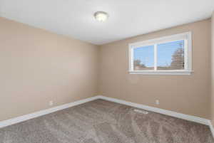 Empty room featuring baseboards and light colored carpet