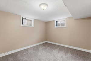 Below grade area featuring baseboards and carpet