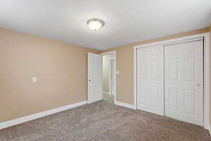 Unfurnished bedroom with a textured ceiling, carpet floors, and a closet