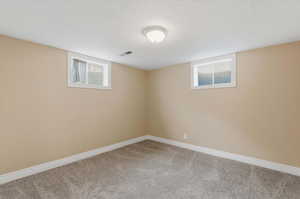 Below grade area with a textured ceiling and light colored carpet