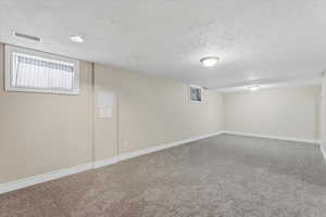 Basement with carpet floors and a textured ceiling