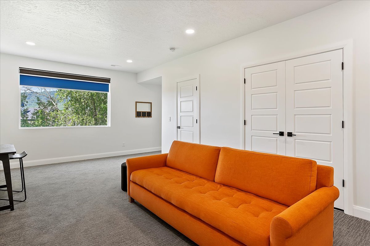 Living area featuring a textured ceiling, carpet, and recessed lighting