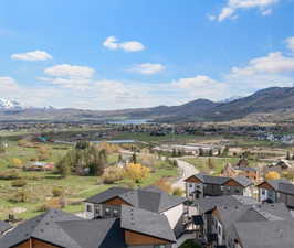 Aerial view of residential area with mountains