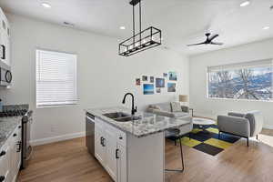 Kitchen with white cabinets, a kitchen island with sink, light stone counters, stainless steel appliances, and light wood-style floors