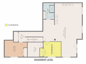 FLOOR PLAN SHOWS FUTURE BEDROOM IN OPEN BASEMENT SPACE.