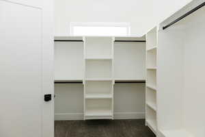 Spacious closet featuring dark colored carpet