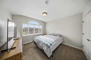 Carpeted bedroom with a textured ceiling, a closet, and lofted ceiling