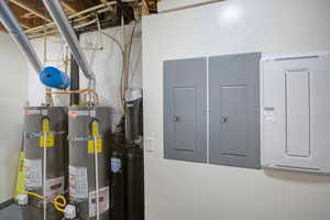 Utilities featuring electric panel and strapped water heater