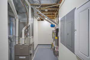 Utilities with electric panel, heating unit, and strapped water heater