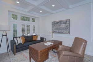 Carpeted home office with beam ceiling, coffered ceiling, and recessed lighting
