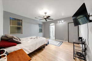 Bedroom featuring light wood-type flooring and ceiling fan