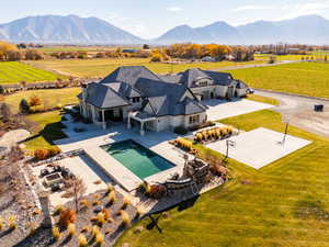 Overview of rural landscape with a pool and mountains