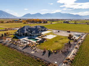 Aerial view of sparsely populated area featuring a mountain backdrop
