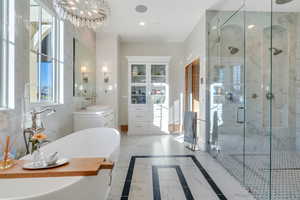 Primary bathroom featuring a freestanding bath, light marble finish floors, vanity, a marble finish shower, and plenty of natural light