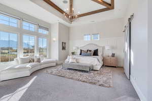 Primary bedroom with a barn door, a raised ceiling, a high ceiling, and a chandelier