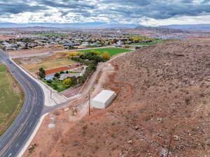 Aerial overview of property's location featuring mountains