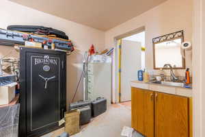 Interior space featuring light countertops and brown cabinets