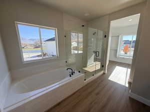 Bathroom featuring wood finished floors, a garden tub, and a shower stall
