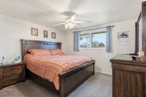 Carpeted bedroom with a textured ceiling and a ceiling fan
