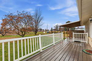 Wooden deck with a fenced backyard