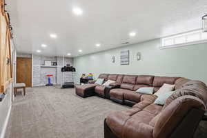Carpeted living room featuring recessed lighting and a textured ceiling