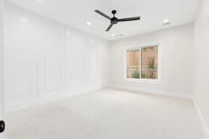 Unfurnished room with light carpet, recessed lighting, and ceiling fan
