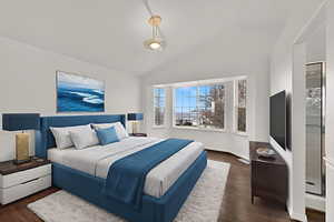 Bedroom featuring lofted ceiling and dark wood finished floors