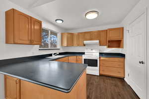 Kitchen with white electric range, dark wood-type flooring, dark countertops, under cabinet range hood, and a peninsula