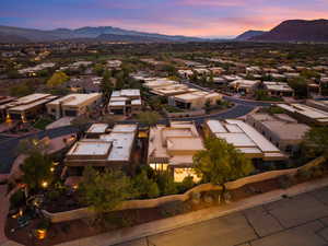 Aerial view at dusk of a mountain view and a residential view