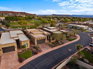 Aerial view of residential area with a mountain backdrop