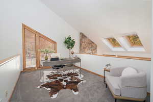 Carpeted office with a skylight and high vaulted ceiling