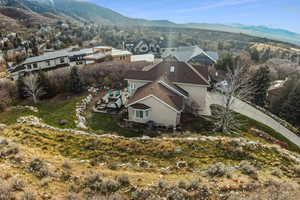 Aerial view of residential area with mountains