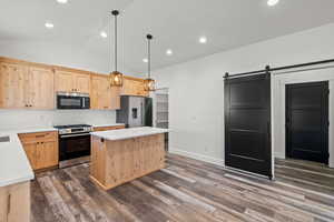 Kitchen with light brown cabinetry, a barn door, stainless steel appliances, vaulted ceiling, and dark wood-style flooring