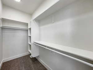 Walk in closet with dark carpet