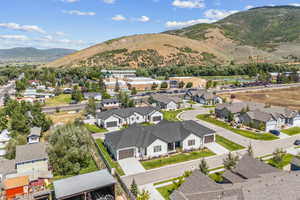 Aerial view of residential area with mountains