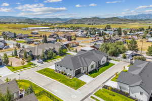Aerial perspective of suburban area with mountains