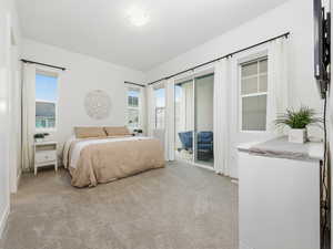 Bedroom featuring access to outside, light carpet, and multiple windows